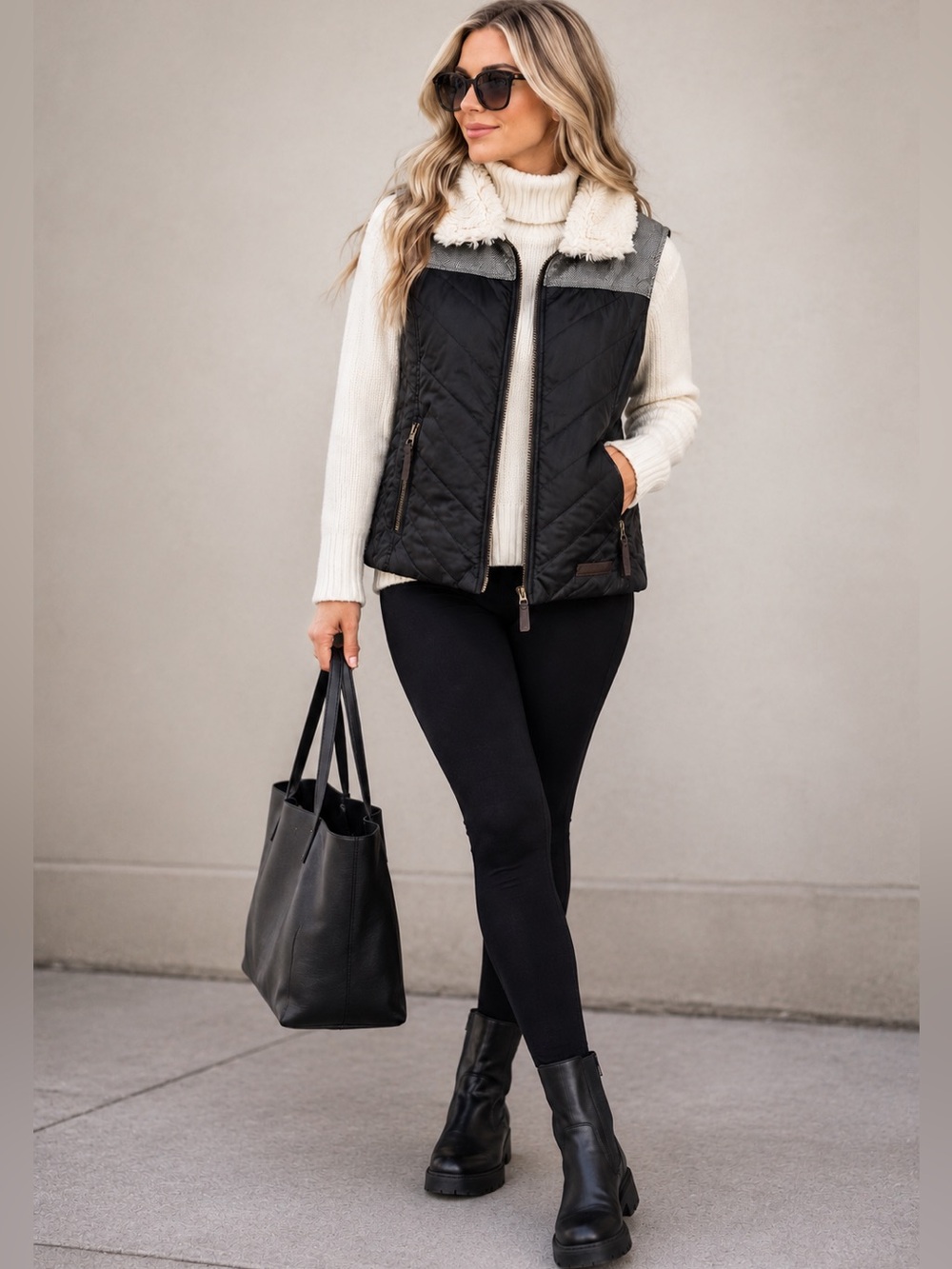 G.H. Bass & Co. Quilted Faux Fur Collar Vest Herringbone Tweed Size PS